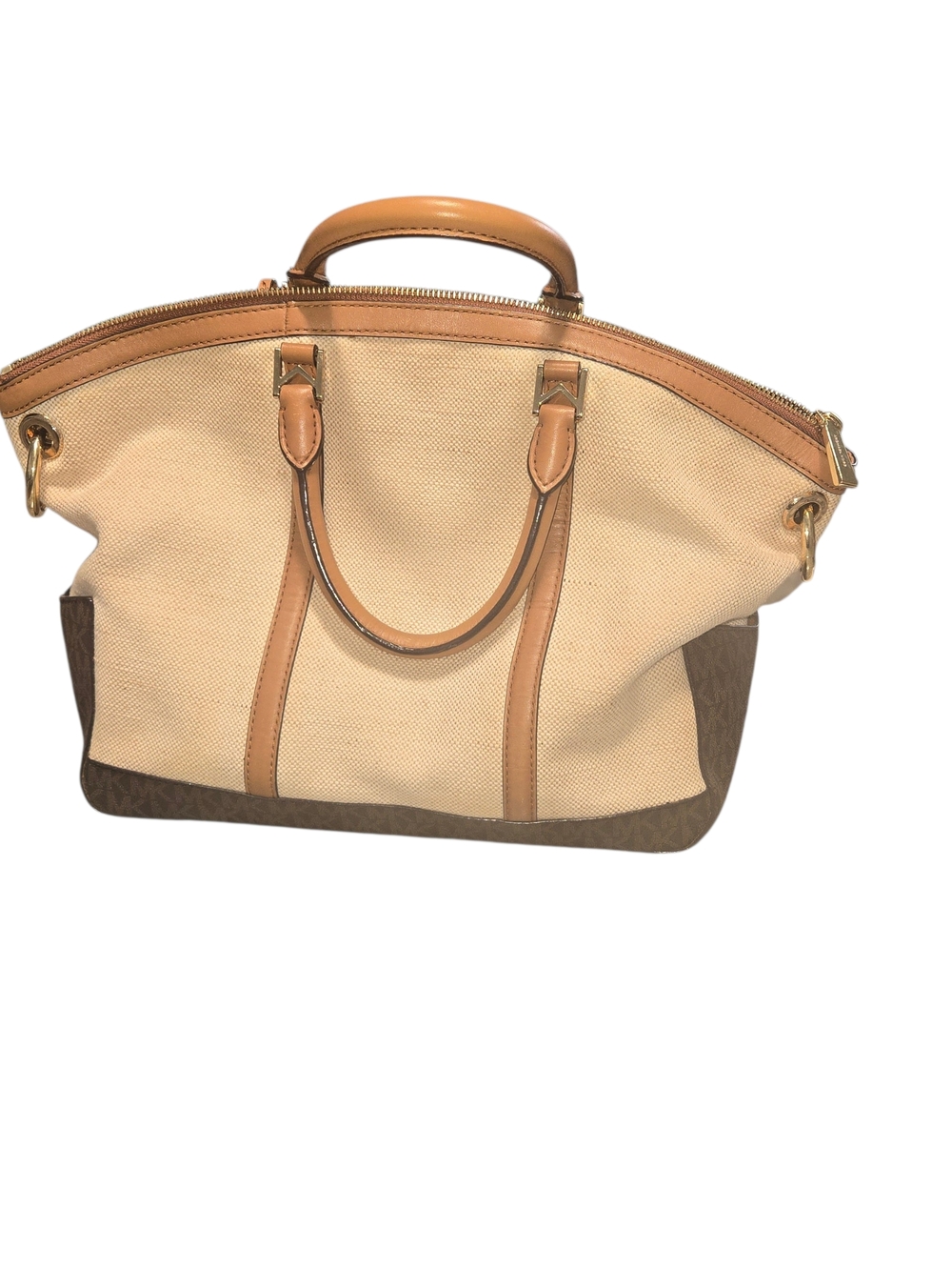 Michael Kors Beige Canvas Tote with Tan Leather Trim and Brown Base
